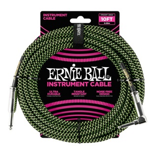 ERNIE BALL アーニーボール 6077 10' Braided Straight Angle Instrument Cable Black Green ギターケーブル