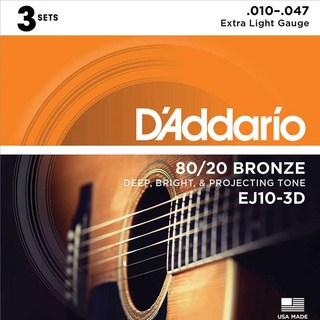 D'Addario80/20 Bronze Acoustic Guitar Strings 3Set Pack EJ10-3D Extra Light