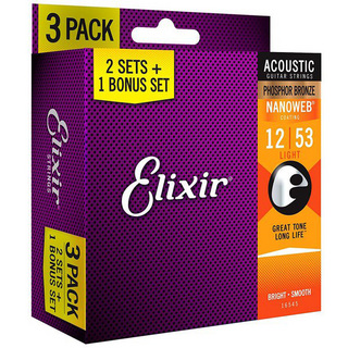 Elixir 16052 BonusPack (2+1FREE) ライト 12-53 フォスファーブロンズ NANOWEB 特別価格3セットパック コーティン