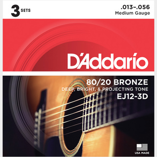 D'Addarioダダリオ EJ12-3D 80/20 Bronze Medium 3セットパック アコースティックギター弦 ミディアムゲージ 13-56