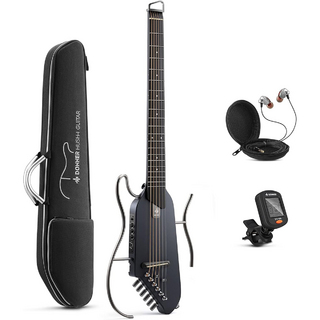 DONNERHUSH-I ブラック トラベルギター ヘッドレスギター 静音 ケース/イヤホン/チューナー付属