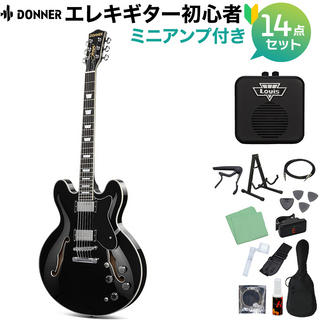 DONNERDJP-1000 Black エレキギター初心者14点セット 【ミニアンプ付き】 セミアコ セミホロウ ブラック 黒
