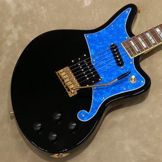 D'Angelico Deluxe Series Deluxe Bedford, Black with Blue Pearl Pickguard and Tremolo