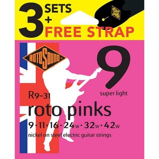ROTOSOUNDR9-31 ROTO PINKS 3PACKS WITH STRAP 9-42 エレキギター弦 3パックセット ストラップ付き