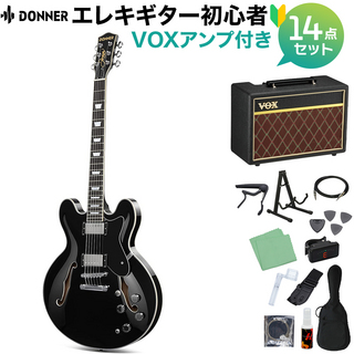 DONNERDJP-1000 Black エレキギター初心者14点セット 【VOXアンプ付き】 セミアコ セミホロウ ブラック 黒