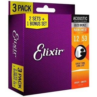 Elixir11052 BonusPack (2+1FREE) ライト 12-53 80/20ブロンズ NANOWEB 特別価格3セットパック コーティング弦ボ