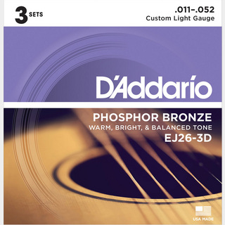 D'Addario EJ26/3D フォスファーブロンズ 11-52 カスタムライト 3セットアコースティックギター弦 お買い得な3パック