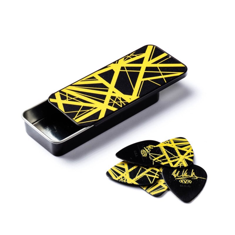 Jim Dunlop EDDIE VAN HALEN GUITAR PICK & TINS (EVHPT04 Black With Yellow Stripe)