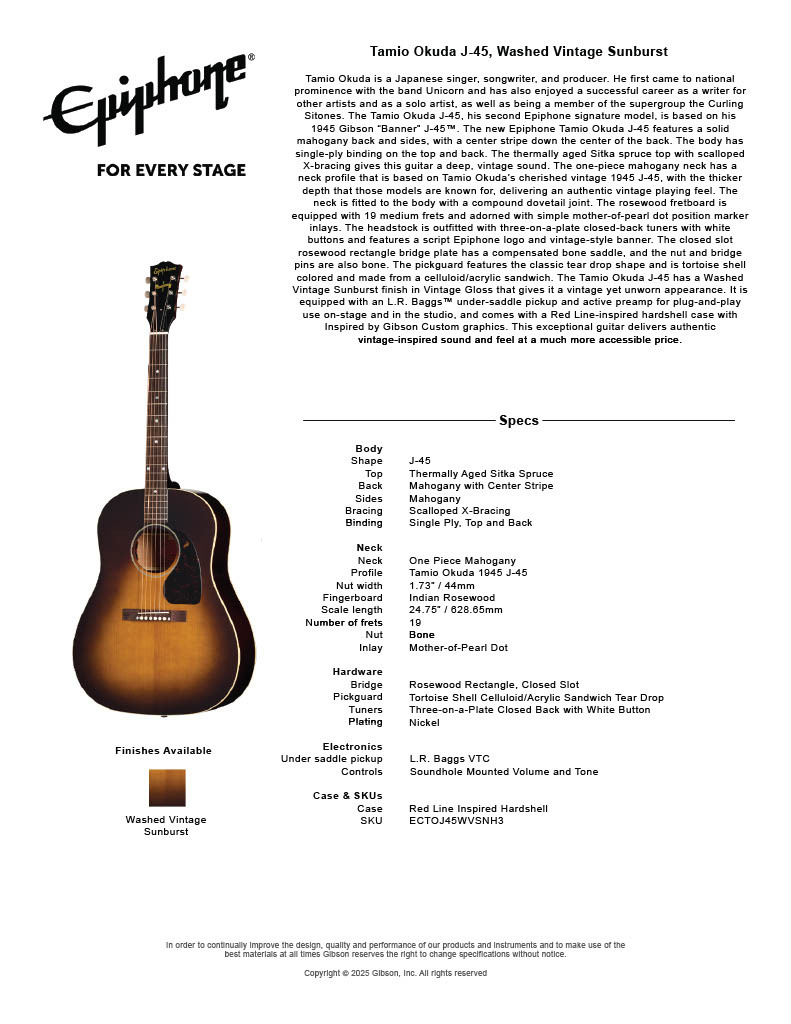 Epiphone Inspired By Gibson Custom Tamio Okuda J-45【ご予約