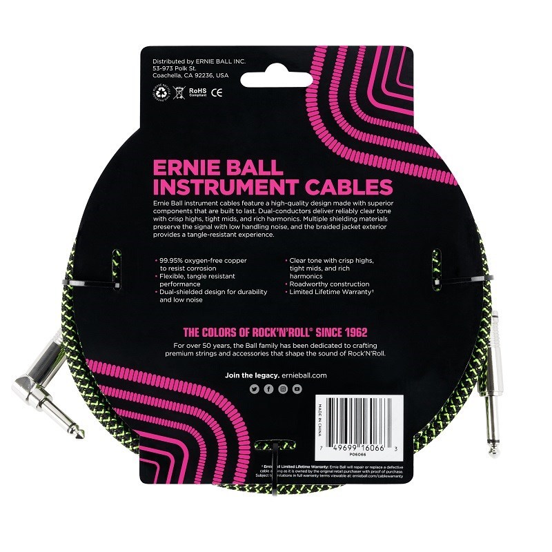 ERNIE BALL Braided Instrument Cable 25ft S/L (Black/Green) [#6066]（新品 ）【楽器検索デジマート】