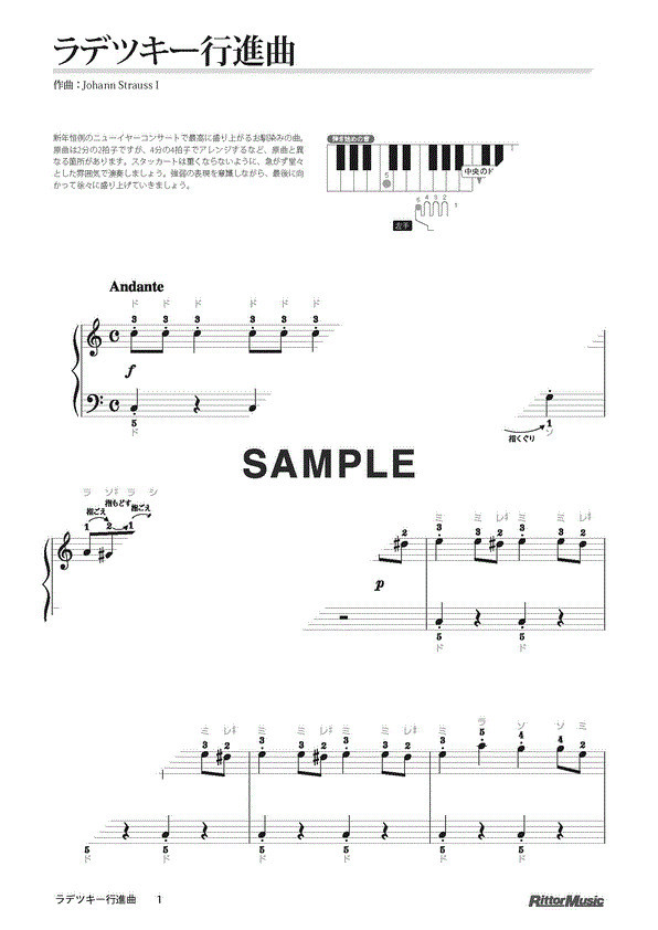 ヨハン・シュトラウス一世 ラデツキー行進曲（ドレミふりがな＆指番号