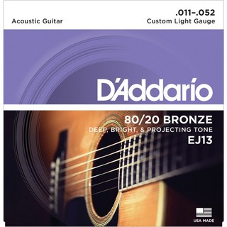 D'Addario 80/20 Bronze Round Wound Acoustic Guitar Strings EJ13 (Custom Light/11-52)