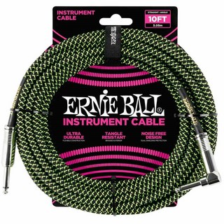 ERNIE BALL #6077 BRAIDED INSTRUMENT CABLE STRAIGHT/ANGLE 10FT (BLACK/GREEN)