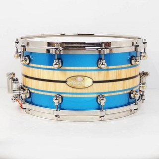 PearlMasterworks Snare Drum 14×7 - Gloss Natural Sycamore w/Metallic Blue Stripe and Ebony Inlay/Blac...