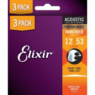 Elixir 16052 Light .012-.053 NANOWEB Phosphor コーティング弦 3パック アコースティック用【池袋店】