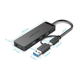 VENTION4-Port USB 3.0 ハブ セルフパワー バスパワー対応 Type C&USB3.0 2-in-1 0.15M ABS Type