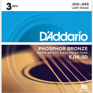 D'Addario Phosphor Bronze EJ16-3D Light 12-53 (3set pack) アコースティックギター弦【名古屋栄店】