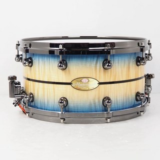 PearlMasterworks Snare Drum 14×7 - Natural to Blue Burst over White Sycamore w/Ebony Inlay/Black Nini...